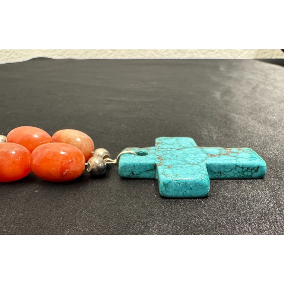 Solid Turquoise Cross Necklace Coral and Sterling Nuggets Heishi Beads 22" 114 g - Picture 3 of 13